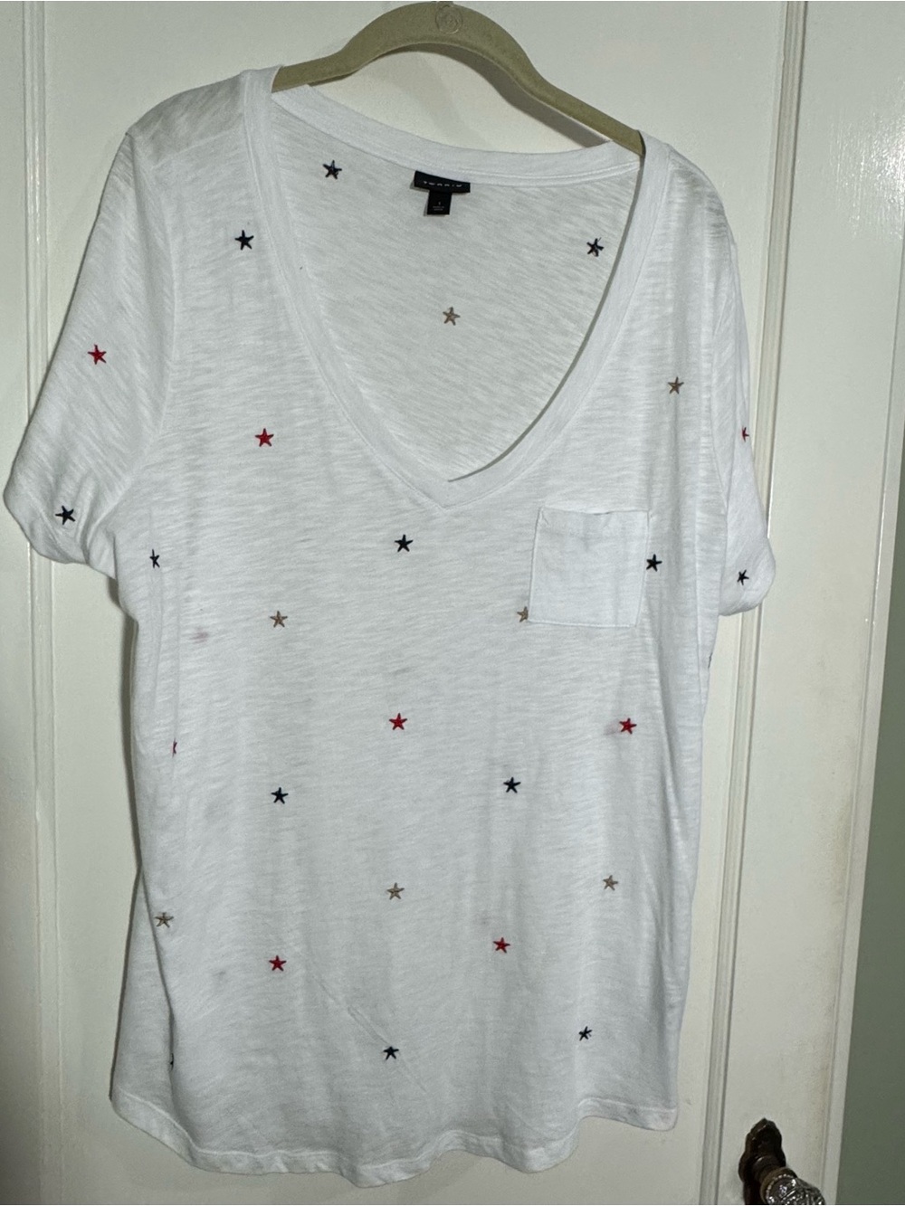 Torrid Star Pocket V-Neck Tee - White with Red, Blue and Cream Stars
